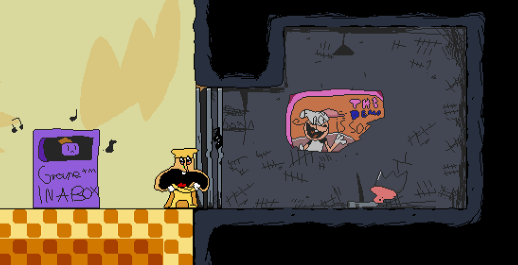 A cropped screenshot of Bo Noise in the secret room with Pizelle in it. Pizelle is missing from her delapitated cell. Bo Noise is in an idle animation where they are comically frowning with puffy eyes while crossing their arms.